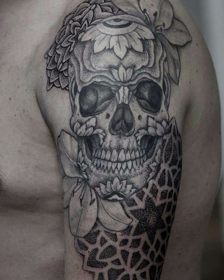 Skull with Mandala and Flowers