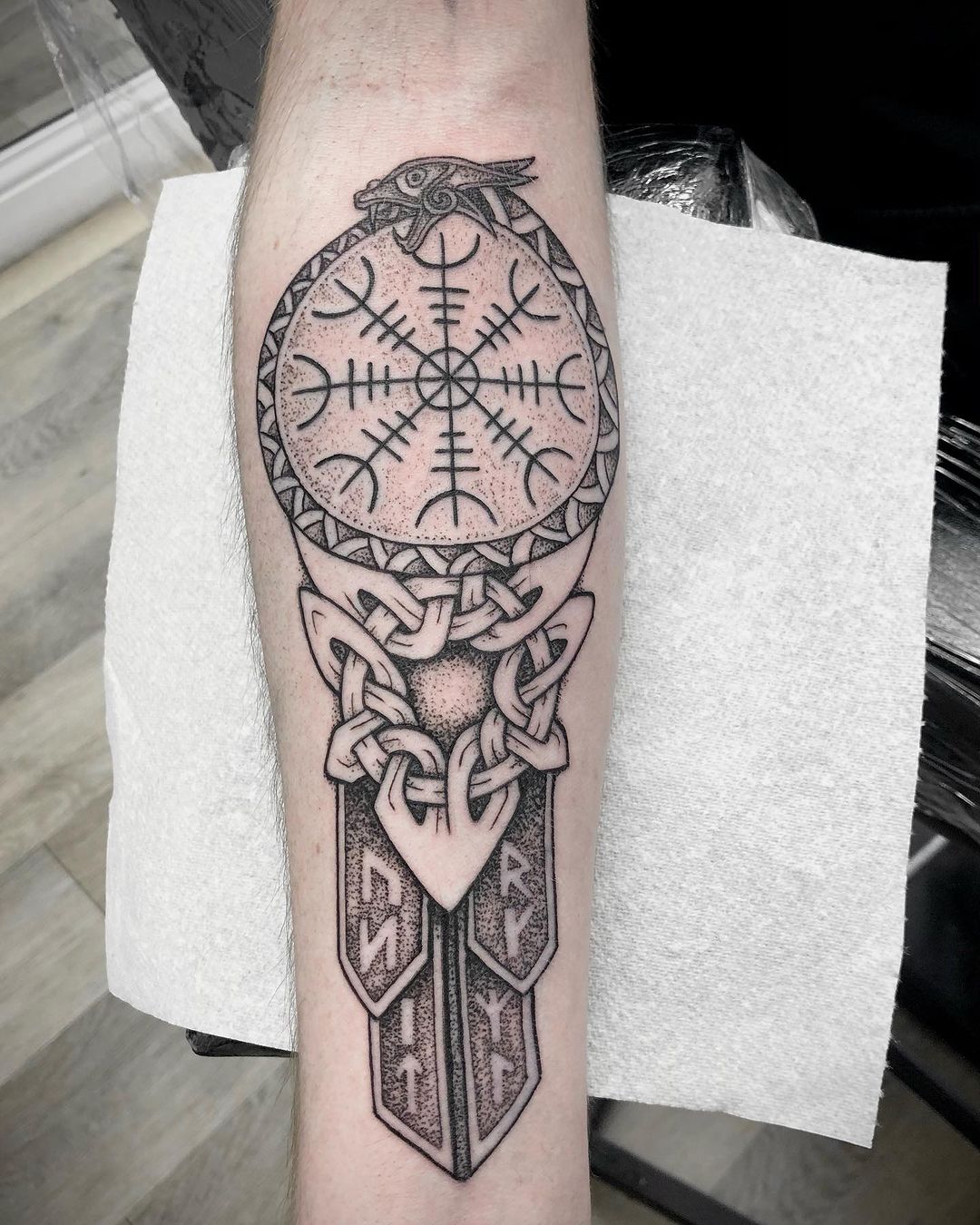 Viking Compass with Jörmungandr Ouroboros and Norse Runes