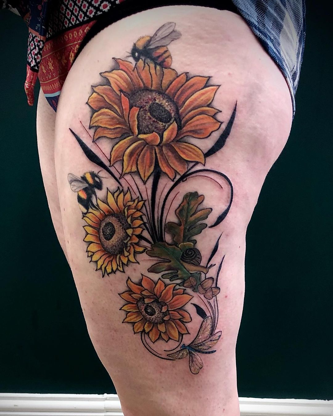 Sunflowers with Bumblebees and Dragonfly